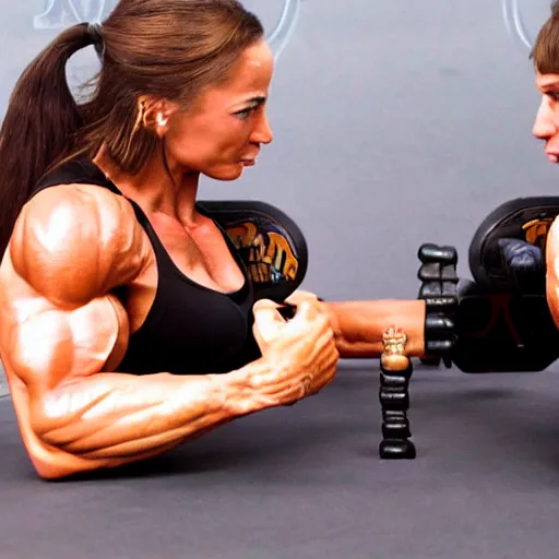 Prompt: Muscular female arm wrestling Arnold Schwarzenegger, real life, hyperrealistic, ultra realistic, realistic, highly detailed, epic, HD quality, 8k resolution