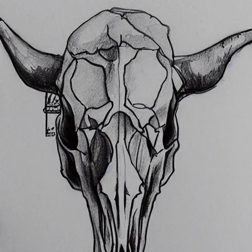 Image similar to a black pen sketch of a cow skull, beginner, intermediate art, anatomy, paper art