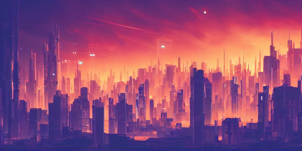 Prompt: city in the style of cyberpunk, singular gigantic building focus, space sky, anime illustration, orange, orange
