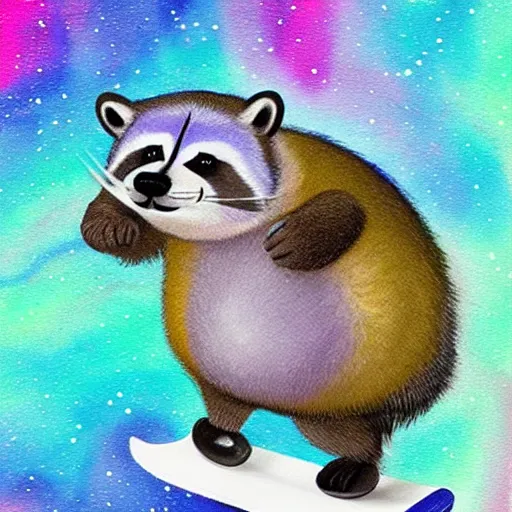 Image similar to fat raccoon skating through the cosmos, colorful