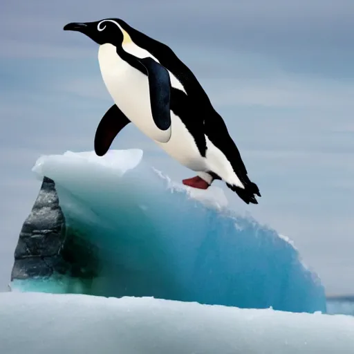 Image similar to penguin surfing on a big eave using an ice floe as surfboard, trending on artstation