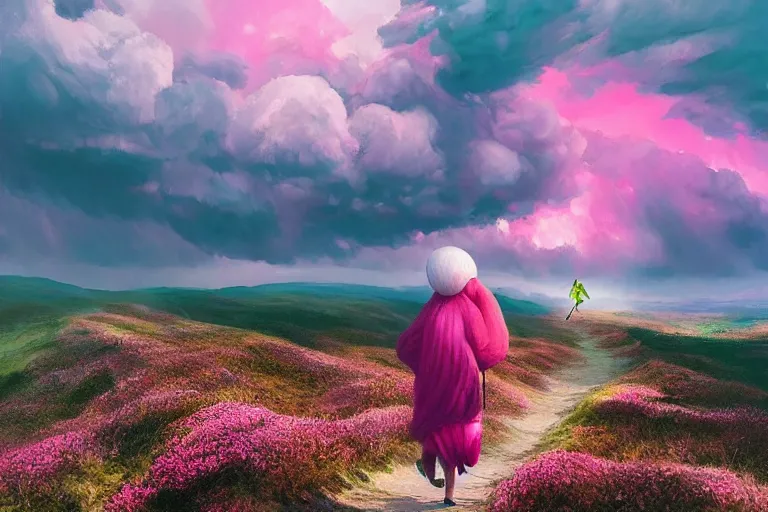 Image similar to giant dahlia flower on the head, girl walking on mountain, surreal photography, pink storm clouds, dramatic light, impressionist painting, digital painting, artstation, simon stalenhag