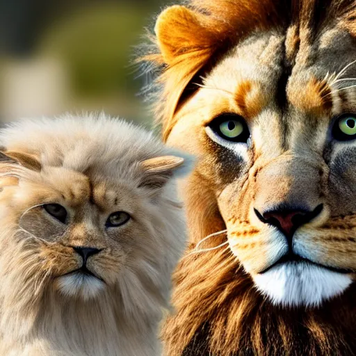 Image similar to 4k photo of a lion and a Persian cat staring in camera, nikon, extremely detailed, aperture, F2.8