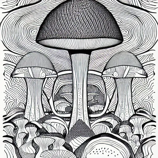 Image similar to Geometrically surreal Mushroom, extremely high detail, photorealistic, intricate line drawings, dotart, album art in the style of James Jean