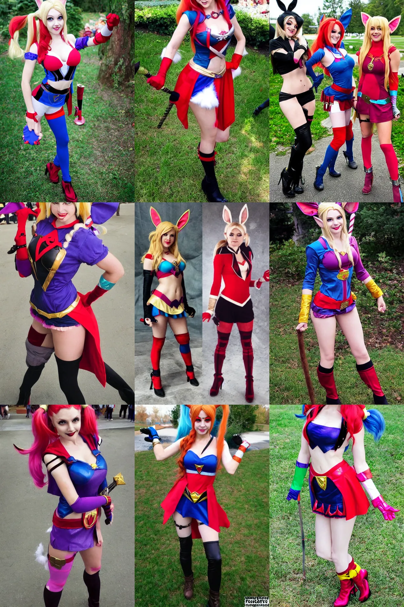 Prompt: fusion cosplay between lola bunny, princess zelda, harley quinn and scarlett witch