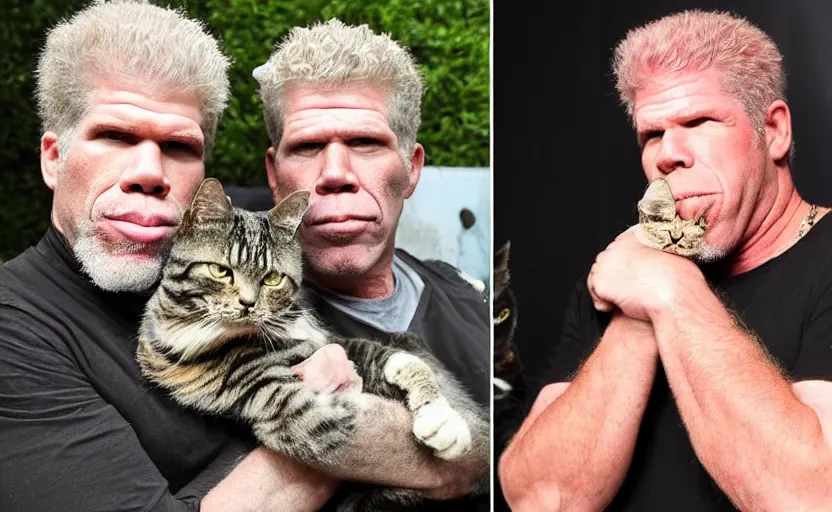 Image similar to ron perlman with his pet cat that looks like him