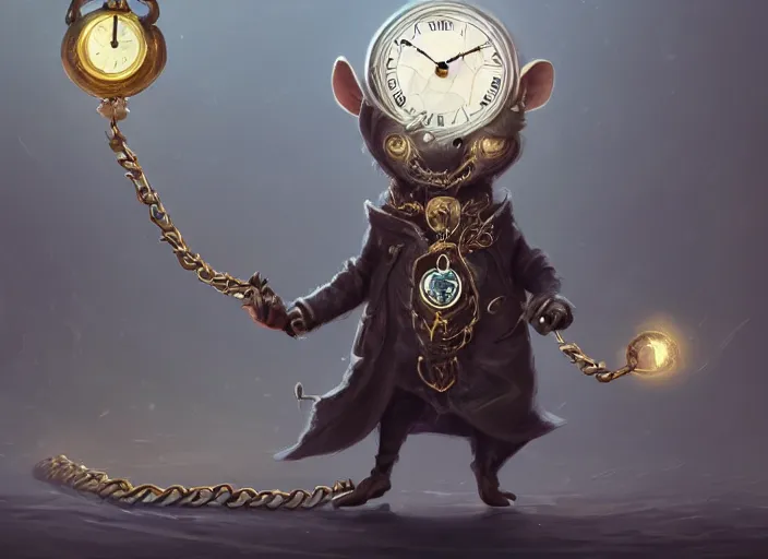Prompt: a highly detailed illustration of a anthropomorphic rat wearing a long coat, glowing eyes, dramatic standing holding pocket watch with chain pose, infinite space clock background, muscular, intricate, elegant, highly detailed, centered, digital painting, artstation, concept art, smooth, sharp focus, league of legends concept art, wlop