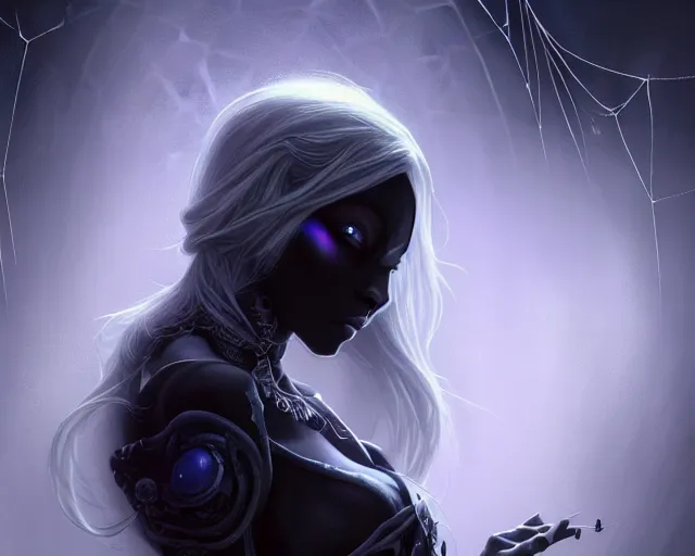 Image similar to a 4 k cinematic screenshot still portrait of a drow in a dark liminal space room surrounded by spider webs, deep focus, d & d, fantasy, intricate, elegant, highly detailed, digital painting, art station, concept art, matte, sharp focus, illustration, dark fantasy style art, hearthstone, art by artgerm and greg rutkowski and alphonse mucha