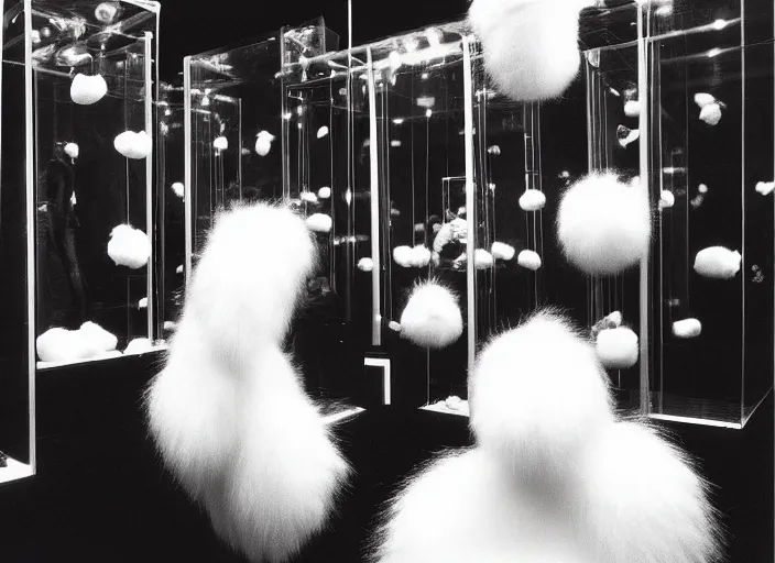 Image similar to realistic photo of the cotton balls of white cotton, furry and hairy museum displays are shiny 1 9 9 0, life magazine reportage photo