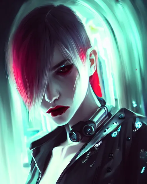 Image similar to beautiful female vampire, cyberpunk streetwear, cybernetic features, detailed portrait, cell shaded, 4 k, vivid colours, concept art by wlop, ilya kuvshinov, artgerm, krenz cushart, greg rutkowski, pixiv. cinematic dramatic atmosphere, sharp focus, volumetric lighting, cinematic lighting, studio quality