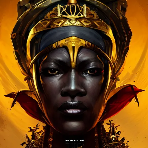 Prompt: a dark and ominous african moor with hypnotizing eyes and a golden crown with a ruby, Apex Legends character digital illustration portrait design, by android jones and greg rutkowski in a cyberpunk voodoo style, detailed, cinematic lighting, wide angle action dynamic portrait