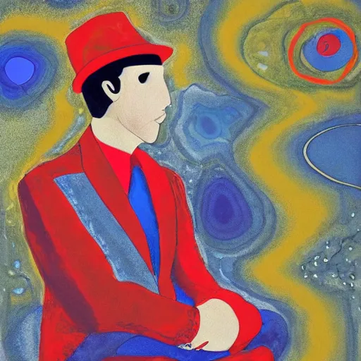 Prompt: A beautiful land art of a man in a red suit with a blue background. The man's eyes are closed and he has a serene, content look on his face. His arms are crossed in front of him and he appears to be floating in space. The blue background is swirling with geometric shapes and patterns. dark black by Andrew Wyeth, by William Wegman comforting