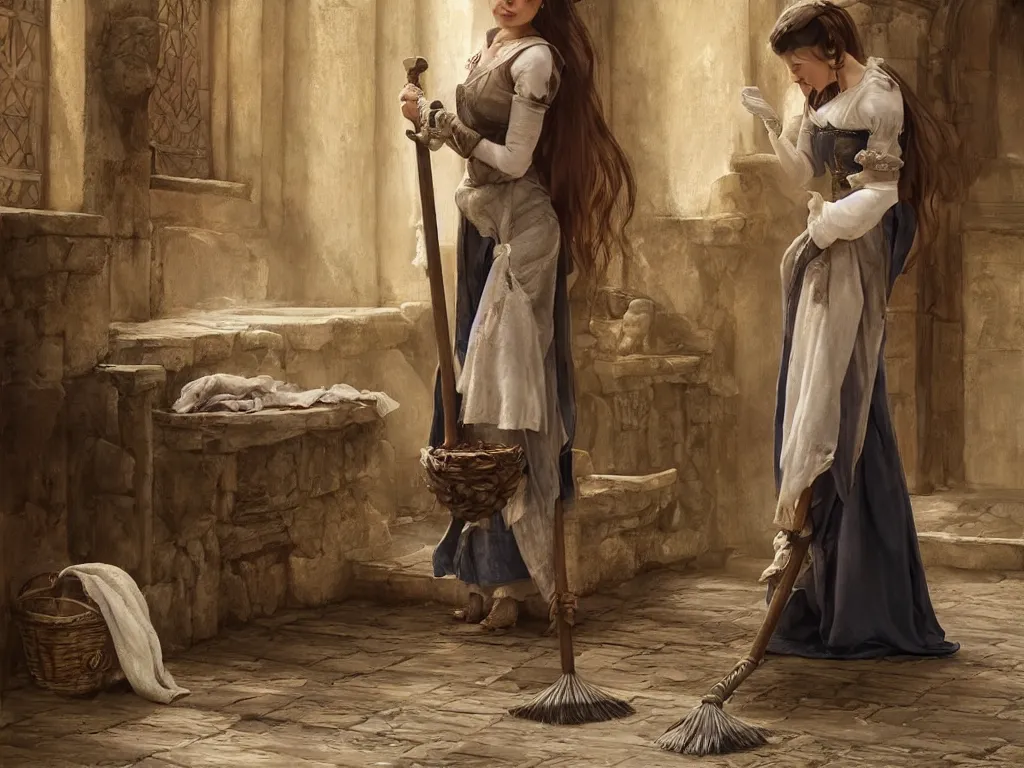 Image similar to epic portrait an medieval female maid cleaning the floor with a broom, sunny, beauty, pretty face, sweaty skin, digital painting, artstation, concept art, soft light, hdri, smooth, sharp focus, illustration, fantasy, intricate, elegant, highly detailed, D&D, matte painting, in the style of Greg Rutkowski and Alphonse Mucha and artemisia, 8k, highly detailed, jurgens, rutkowski, bouguereau, pastoral, rustic, georgic, detailed concept art, illustration, colorful pastel, painting, detail, ultra detailed, digital art, 4K,