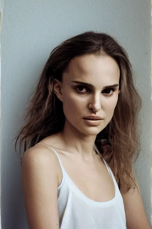 Prompt: 23 year old natalie portman, loose messy hair , thoughtful eyes, wearing a thin white skimpy cotton camisole, pale skin, poised beautiful body, symmetrical face, zen aesthetic, interior design, amber and blue color scheme, sophisticated, pensive, contemplation, meditation, aloof, ethereal, realistic painting