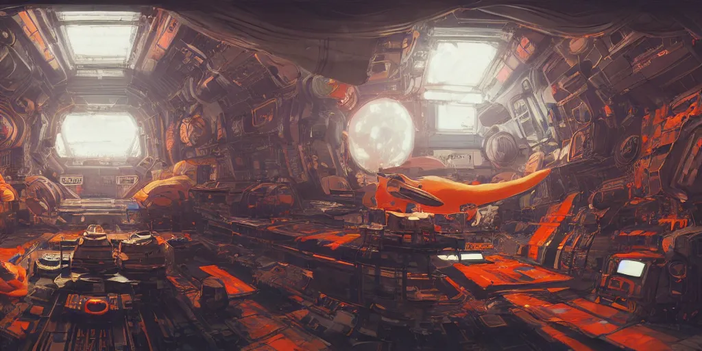 Image similar to Orange amp space station interior, kim jung gi style, Greg Rutkowski, Zabrocki, Karlkka, Jayison Devadas, trending on Artstation, 8K, ultra wide angle, zenith view, pincushion lens effect