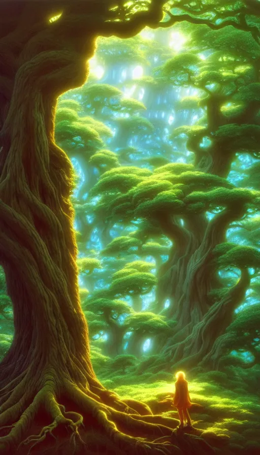Prompt: a geant oak tree in a forest of ori and the will of the wisps, studio ghibli, painted by tim hildebrandt, michael whelan, j. c. 8 k