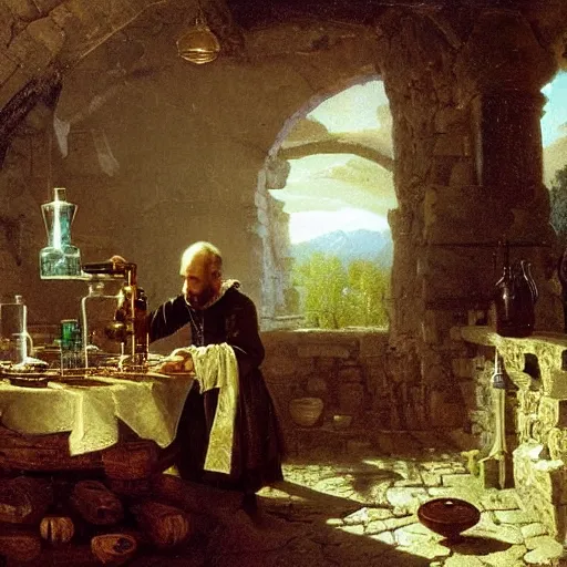 Prompt: 17th century alchemist scientist standing in his wondrous workshop doing mysterious experiments with vials, smoke and parchments, stone walls, high-detailed oil painting by Albert Bierstadt