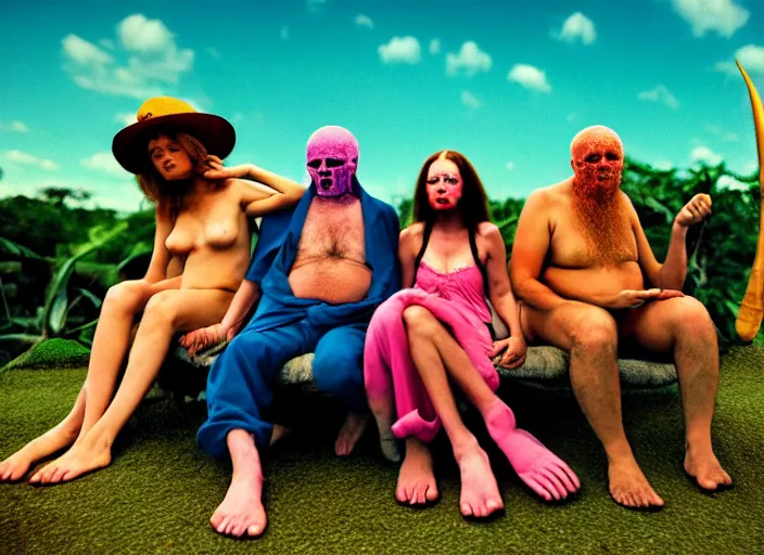 Image similar to photo of dadcore occult wizards and momcore witches on vacation at palenque, by richard corben by william eggleston by annie leibovitz, fujifilm velvia 5 0. masterpiece. intricate, hyper realism, high detail, octane render, unreal engine, 8 k, by katsuhiro otomo