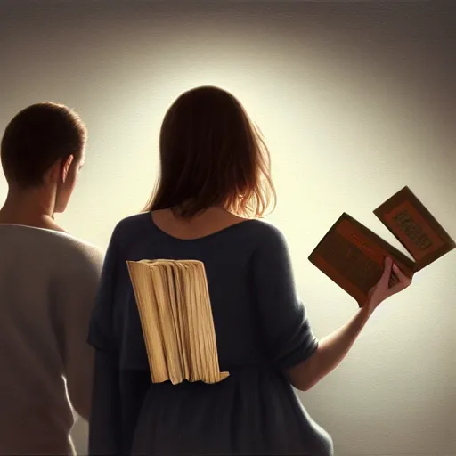 Prompt: hyperrealistic painting of a beautiful young woman holding a book while a woman and three men peep into the book from behind, detailed digital art, trending on artstation