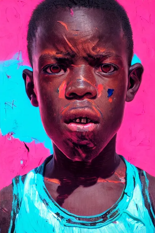 Image similar to portrait of a african young angry boy painted in acrylic, pigment, in the colors hot pink and cyan, beautiful realistic face, rule of thirds, spotlight, by greg rutkowski, by jeremy mann, by francoise nielly, by van gogh, by ross tran, in focus