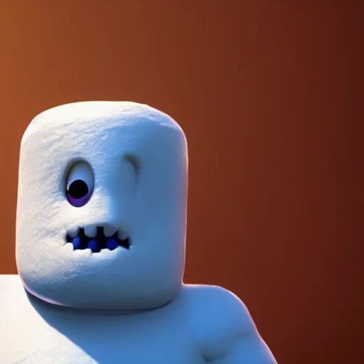 Image similar to cute marshmallow man's movie shot from the pixar movie, detailed, depth of field, High definition, 8k, depth of field, octane render, artstation