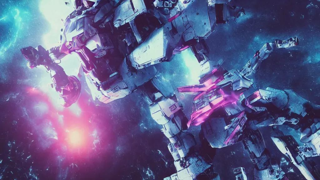 Prompt: brutalist white blue pink gundam mecha skull floating in void, an astronaut space pirate covered with black hole extraterrestrial event horizon antimatter, creative VFX, vhs glitch, no text, HD octane render, volumetric lighting, magical atmosphere, cinematic, hyper-realistic, rendered with octane, hyper realistic, hyper detailed, surreal, futuristic, volumetric light, 8k
