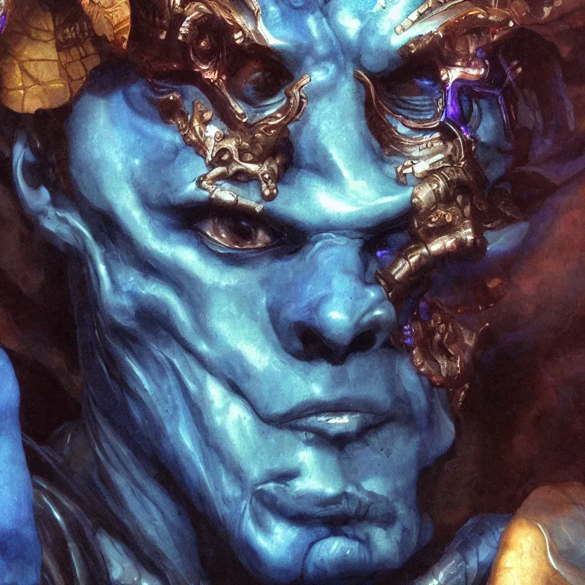 Prompt: neoclassicist renaissance close - up portrait of singularity blue demon seated, with high tech body interface. iridescent textures. highly detailed fantasy science fiction painting. highly detailed fantasy science fiction painting by vrubel and chris cunningham. dark and volumetric. artstation