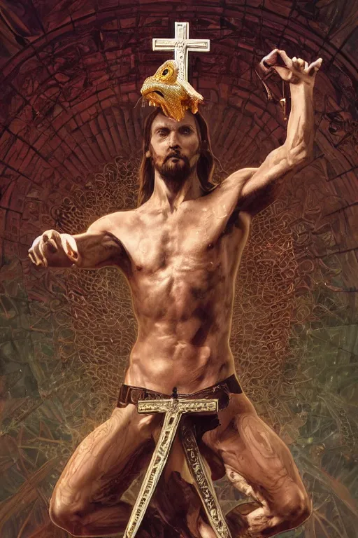 Image similar to fullbody!! dynamic action pose, christ with the head of a scaly cold blooded reptilian lizard holding a holy cross in his claws, intricate, elegant, highly detailed, digital painting, artstation, concept art, smooth, sharp focus, illustration, art by artgerm and greg rutkowski and alphonse mucha