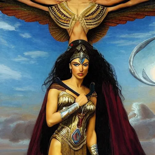 Prompt: Full body oil painting of the beautiful goddess Gal Gadot as Cleopatra, she is wearing egyptian clothes and a surreal ornate, her hair is natural disheveled, she is approaching heaven over the clouds, Anubis is behind her, naturalism, dramatic lighting, high-detailed oil painting by Ilya Repin, Michelangelo da Caravaggio, William Blake, Alex Grey and Beksinski, trending on Artsation, hystorical painting, naturalism, masterpiece, 4k, 8k,