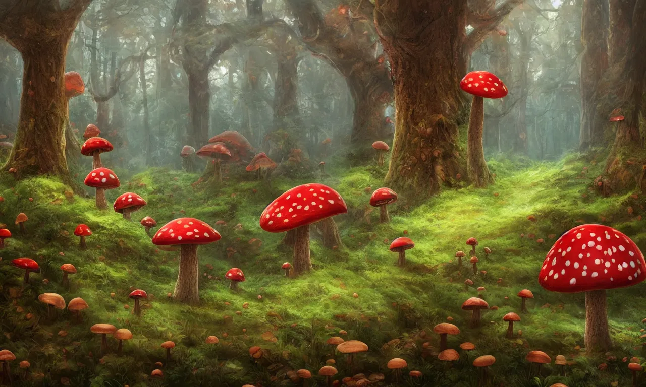 Prompt: Big house mushroom fly agaric in the forest, trending on artstation, 30mm, by Noah Bradley