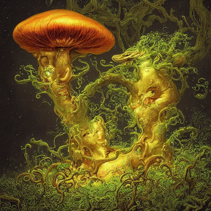 Prompt: a close - up rococo portrait of a futuristic iridescent mushroom alien elf - like creature standing in water, moss, and swamp. fireflies night time. rich colors, high contrast. gloomy, highly detailed 1 8 th century sci - fi fantasy masterpiece painting by jean - honore fragonard, moebius, and johfra bosschart. artstation