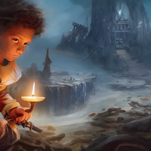 Image similar to concept art of a young swashbuckler holding a candle discovering a sunken city, highly detailed, digital art, illustration, artstation, very detailed, 4 k