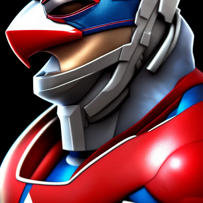 Prompt: cinematic bust portrait, captin falcon from f - zero, head and chest only, thawan duchanee, masterpiece, cinematic composition, dramatic pose, beautiful lighting, sharp, details, hyper - detailed, hd, 4 k