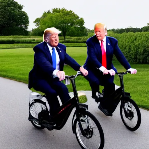 Prompt: joe biden and donald trump drunkenly riding a tandem bike together, laughing and joking,