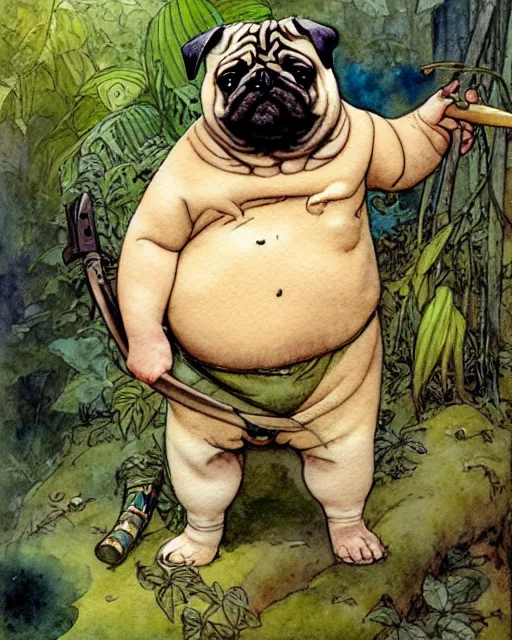 Prompt: a realistic and atmospheric watercolour fantasy character concept art portrait of a fat adorable chibi pug soldier in the jungle, by rebecca guay, michael kaluta, charles vess and jean moebius giraud