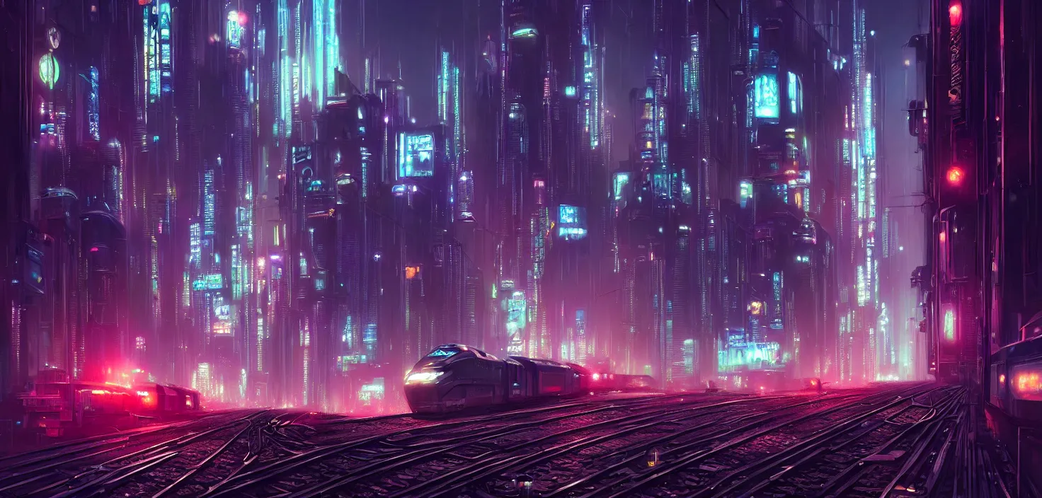 Image similar to a painting of a city at night with a train on the tracks, cyberpunk art by stephan martiniere, cg society contest winner, panfuturism, matte painting, dystopian art, reimagined by industrial light and magic