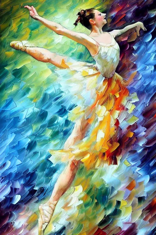 Image similar to palette knife oil painting of a leaping ballerina dancer, extreme detail, style by leonid afremov and degas, artstation, artgerm, deviant art, octane, substance, art history