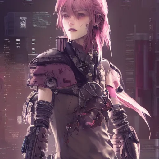 Image similar to highly detailed portrait of a post-cyberpunk punk young lady by Akihiko Yoshida, Greg Tocchini, 4k resolution, league of legends inspired, arcane, nier:automata, pastel pink, light blue, brown, white and black color scheme with graffiti