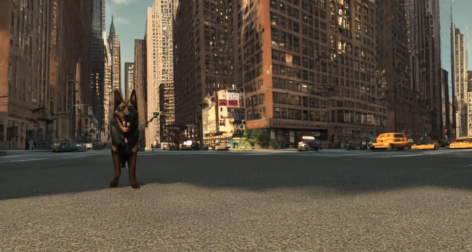 Image similar to the german shepherd of I am legend in new york, octane render, unreal engine, sundown, empty streets