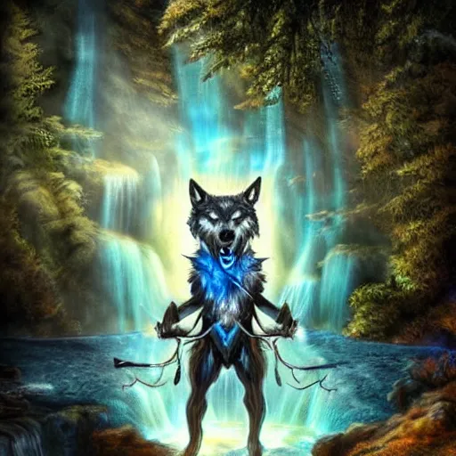 Prompt: humanoid wolf holding an bow and arrow in hand in an enchanted forest with a blue hue and blue fireflie and a waterfall in the distance that magically glows blue, insanely detailed, hyper realistic