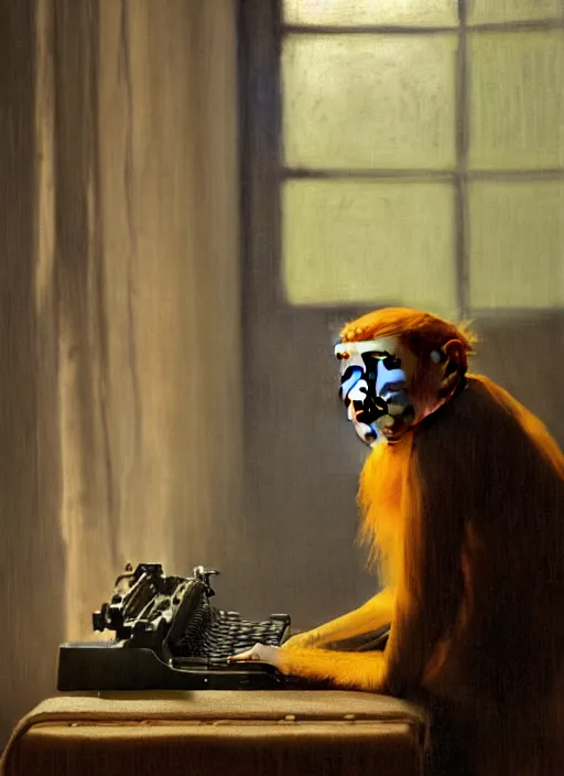 Prompt: medium shot, cinematic, cute orange monkey is typing on the typewriter, enhancements, soft lighting, by john ward, by arthur walker, by vermeer, by monet, oil on canvas, royal academy, masterpiece, trending on artstation, cinematic composition, dramatic pose, beautiful lighting, sharp, details, hyper - detailed, hd