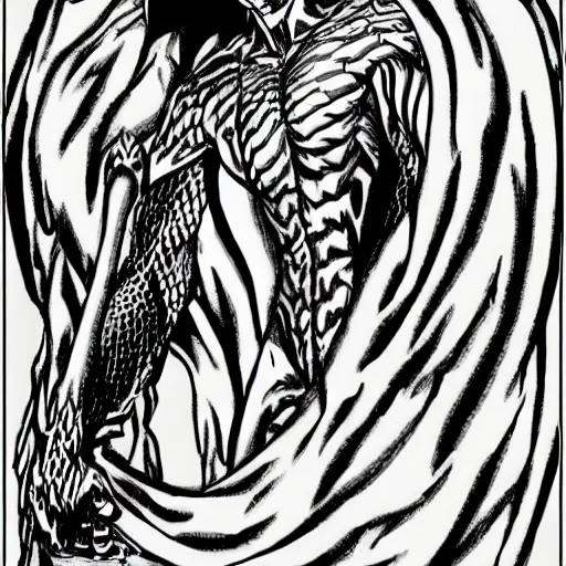 Prompt: a male anime character, naga, serpent body, kentaro miura art style