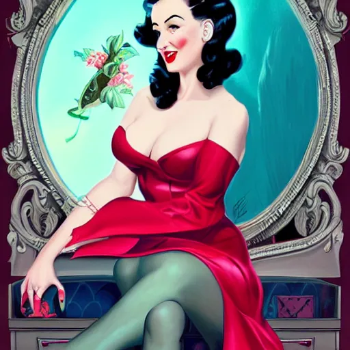 Image similar to a retro pinup illustration of dita von teese in the style of anna dittmann and in the style of charlie bowater and in the style of gil elvgren.