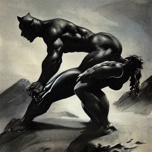 Image similar to “Frightening Strength and Beauty, by Frank Frazetta. Rippling muscles, toned bodies. A panther lies in front of the couple”
