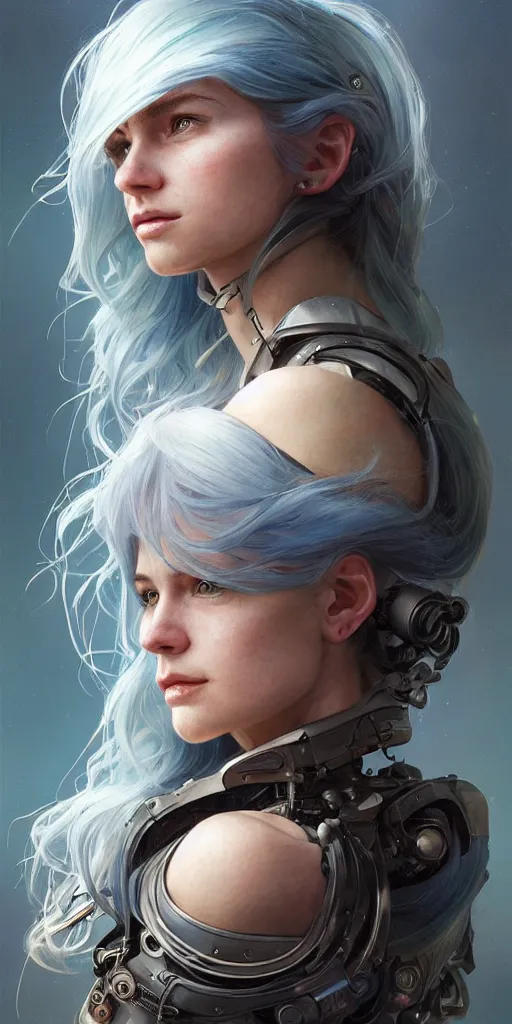 Image similar to portrait of a young ruggedly beautiful but joyful cyborg, female, femenine, upper body, aquamarine color hair, long hair, d & d, fantasy, piercing eyes, intricate, elegant, highly detailed, digital painting, artstation, concept art, matte, sharp focus, illustration, art by artgerm and greg rutkowski and alphonse mucha