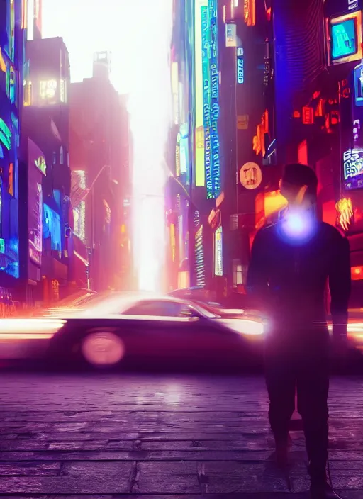 Image similar to a 3D render of an android with glowing lights walking down the street in New York City, bokeh, Canon 50mm, cinematic lighting, volumetric light, octane, octane render, redshift render, cyberpunk, Blade Runner, Blade Runner 2049