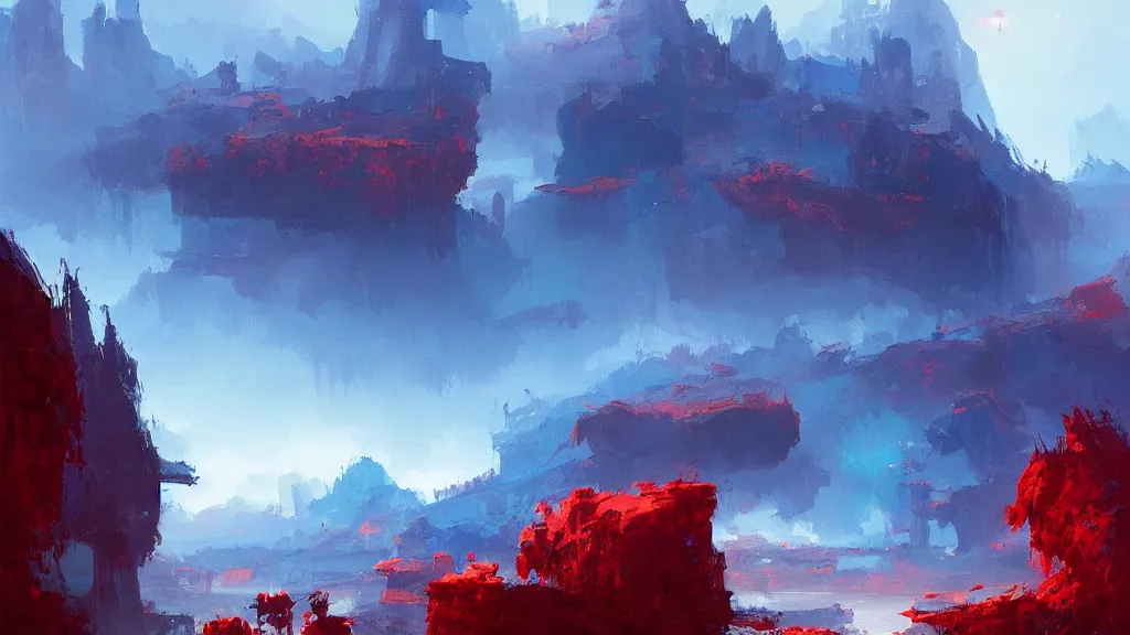 Prompt: stunning blue and red landscape by greg rutkowski and wlop