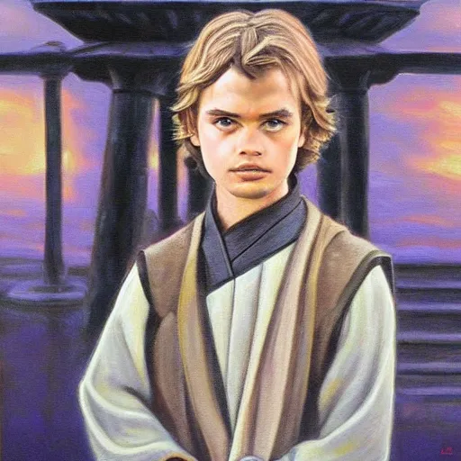 Prompt: anakin at the steps of the jedi temple on coruscant, oil painting, award - winning art, highly detailed