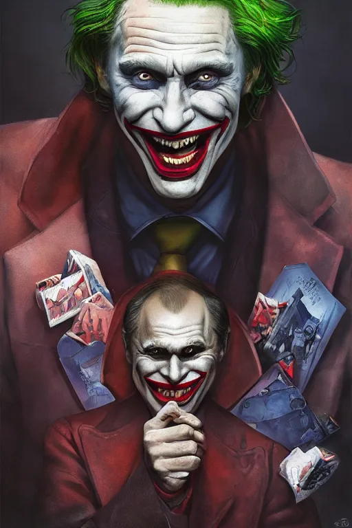 Image similar to portrait of vladimir putin as a joker in a city destroyed by war, realistic, high definition, 4 k, shimmering color, hyper detailed, art of greg rutkowski and magali villeneuve and artgerm