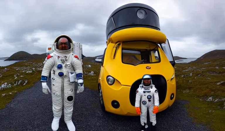 Prompt: tourist astronaut in sci-fi suit, standing in the Isle of Harris, Scotland, a futuristic campervan in the background, wide angle lens, photorealistic